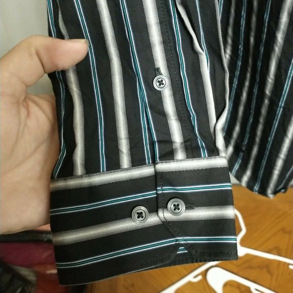 Structure Men's Large Premium Woven Black Striped Long Sleeve Button Up Shirt - Picture 5 of 8